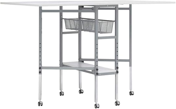 Quilting/Fabric Cutting Table with Grid Top and Silver Legs and Wheels