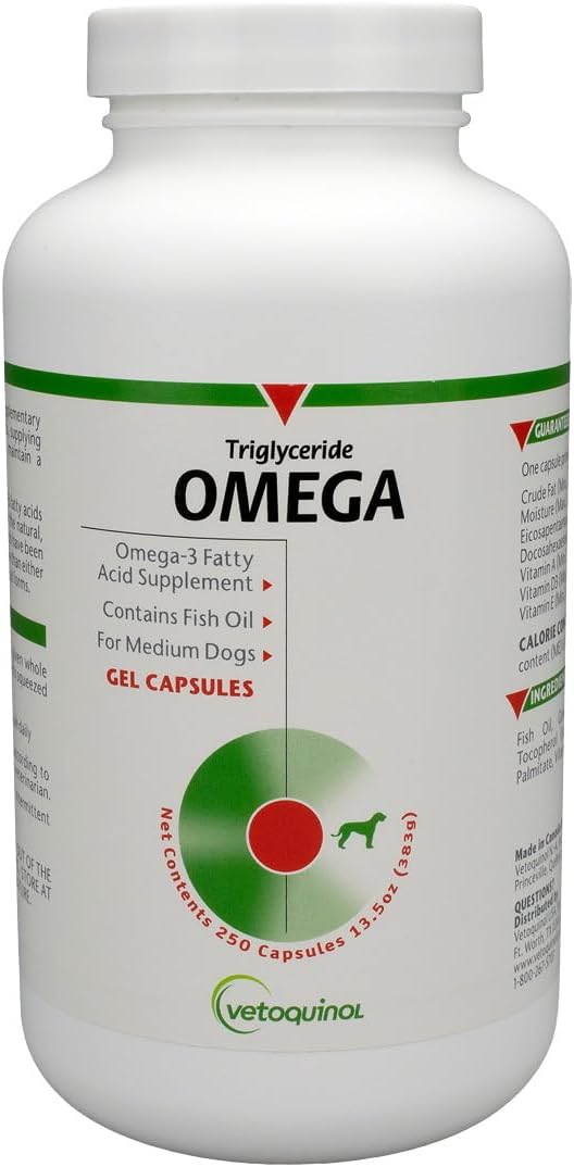 Vetoquinol Triglyceride Omega - Fish Oil for Dogs & Cats - Supports Healthy Skin, Coat & Normal Immune Response - Supplement with Vitamin Blend for Heart, Eye, Bone & Muscle Support - 250 Capsules