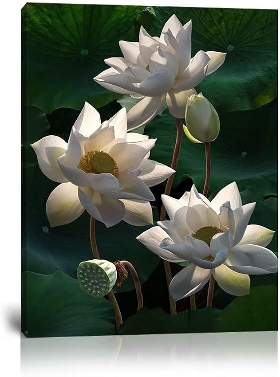 Heatsprits Lotus Wall Art Flower Painting for Bathroom Green and White Floral Wall Decor for Living Room Bedroom Canvas Print Picture Decorative Gift Ready To Hang - 12 x 18 inch