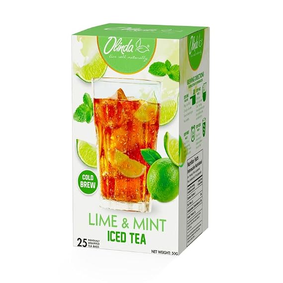 Olinda Lime and Mint Iced Tea Bags Herbal Cold Brew Refreshing Black Tea Antioxidant Tea Organic Fruity Natural Hot and Cold Brew Healthy Caffeinated Flavored Tea