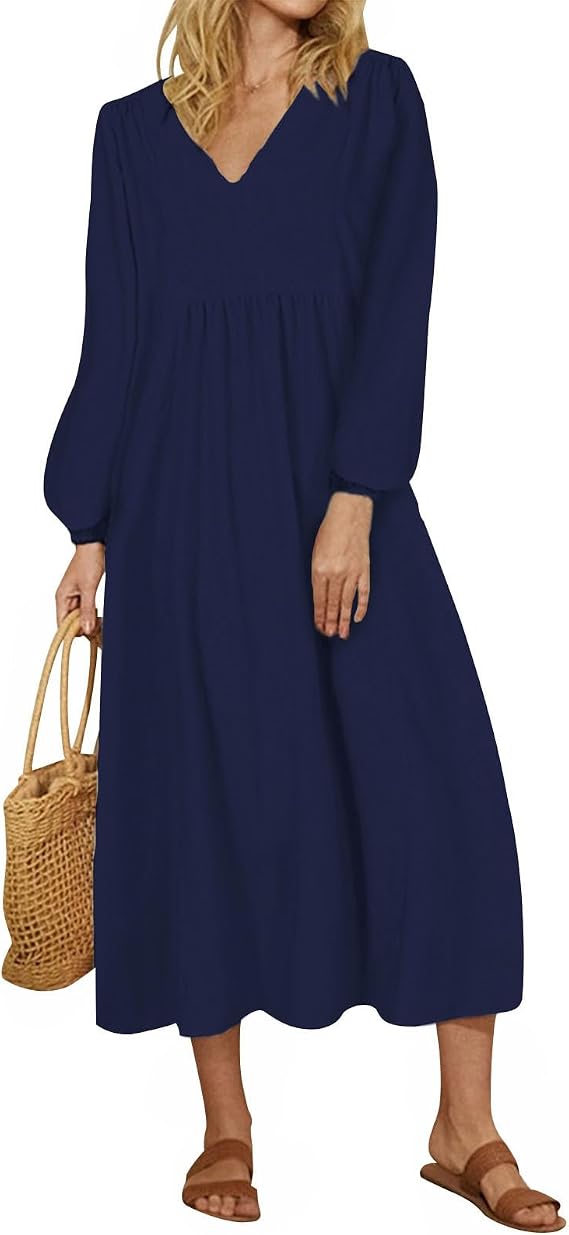 Linen Midi Dress with Lantern Sleeve for Women, High Waisted Loose A Line V Neck Casual Spring Summer Dresses