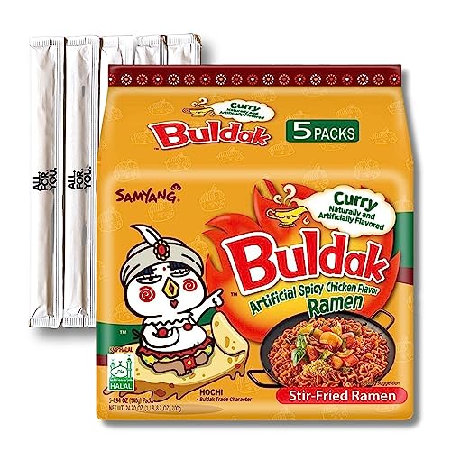 Buldak Ramen Noodles - Curry Flavor - 5 Pack - Spicy Ramen Noodles Buldak Ramen Korean Spicy Hot Chicken Stir-Fried Noodles Bundle with 5 ALL.FOR.YOU. Branded Chopsticks