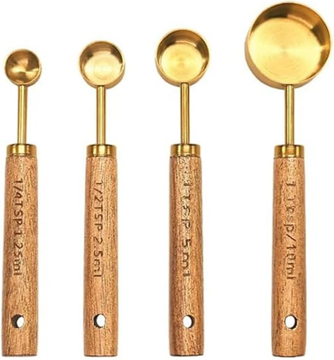4 Parça Bambu Saplı Ölçü Kaşığı Seti, Gold Renk, Paslanmaz Çelik