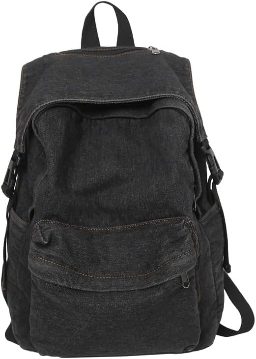 Classic Retro Denim Backpack Y2K Aesthetic Shoulder Bag Lightweight Daypack Casual Jeans Backpack for College, Black