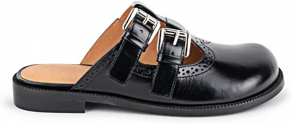 Mules for Women Closed Round Toe Shoes Double T Strap Mules Cut Out Slip On Shoes Low Block Heel Comfortable Daily Clogs