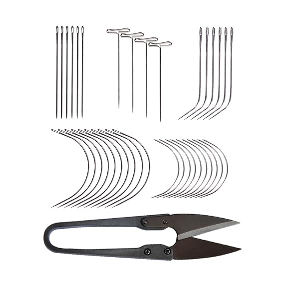 82 Pcs Wig Making Kit T Pins I J C Curved Needles Sewing Weaving Needles Hand Sewing Needles for Modelling Wig Making Repairing Leather Carpet Shoes and Crafts