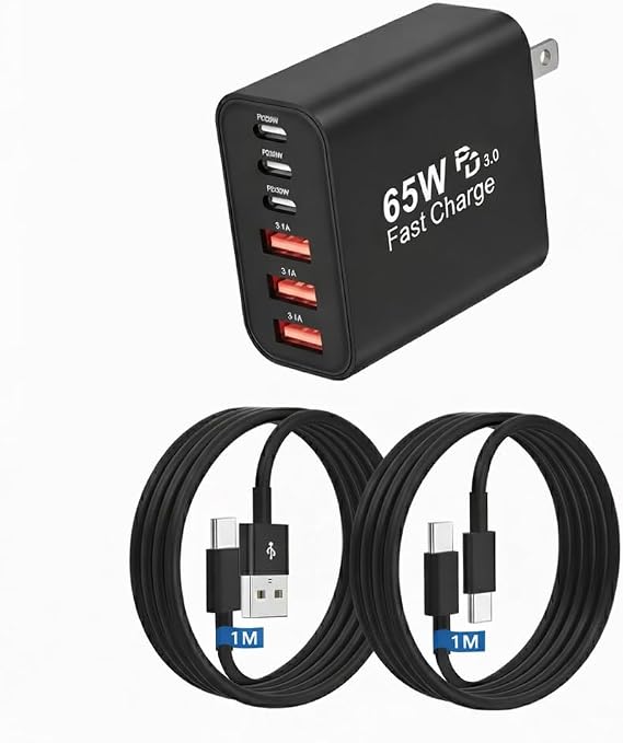 Type C Charger, USB Type C Charger, Total PD65W Fast Charging, Supports GaNIII Technology, USB-A & Type-C Outlet Power Adapter for iPhone 17 Air/Pro Max/16/15/14/13/SE3, iPad, Android/Tablet Black 1m1m, 65w