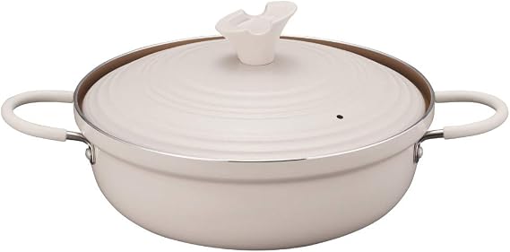 Evercook Double-Handed Pot, 9.4 inches 24 cm, IH Compatible, Ivory with Lid, Non-Stick Seasonal Pot, Doshisha