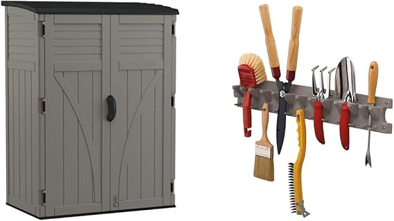 Suncast 54 cu. ft Resin Vertical Lockable Storage Shed, Stoney, BMS5700SB & 2' Wall Mount Tool Organizer for Hanging Lawn and Garden Tools, 30 lb. Weight Capacity, Gray