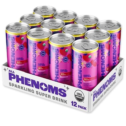 All Phenoms Energy & Focus Sparkling Organic Prebiotic & Probiotic Drink - Mushroom Blend 320mg Lions Mane, 75mg Green Tea Caffeine, 75mg L-Theanine, B12 - Berry Hibiscus, No Stevia 12 Pack