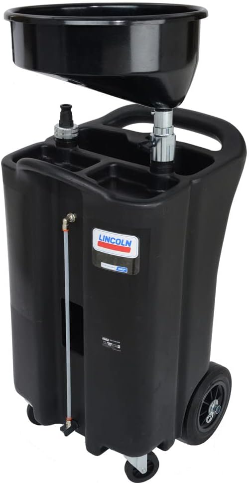 Lincoln 3626 26 Gallon Portable Gravity Fluid Drain, 50-75" Adjustable Funnel Height, High-strength Polyethylene, Pump-assisted, 18" Offset Bowl, 2 Ball-bearing Swivel Casters, 3/4"Male Camlock, Black