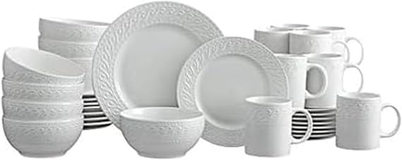 Pfaltzgraff Sylvia Dinnerware Set 32-Piece Service for 8 - White Porcelain Dinner Plates, Salad Plates, Soup Bowls and Mugs with Embossed Scrollwork