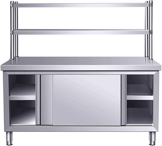 Steel Table with Cabinet,Kitchen Work Table with Storage,Stainless Steel Sliding Door Work Tables,Commercial Kitchen Restaurant Prep Tables Heavy Duty Workbench W/Cabinet