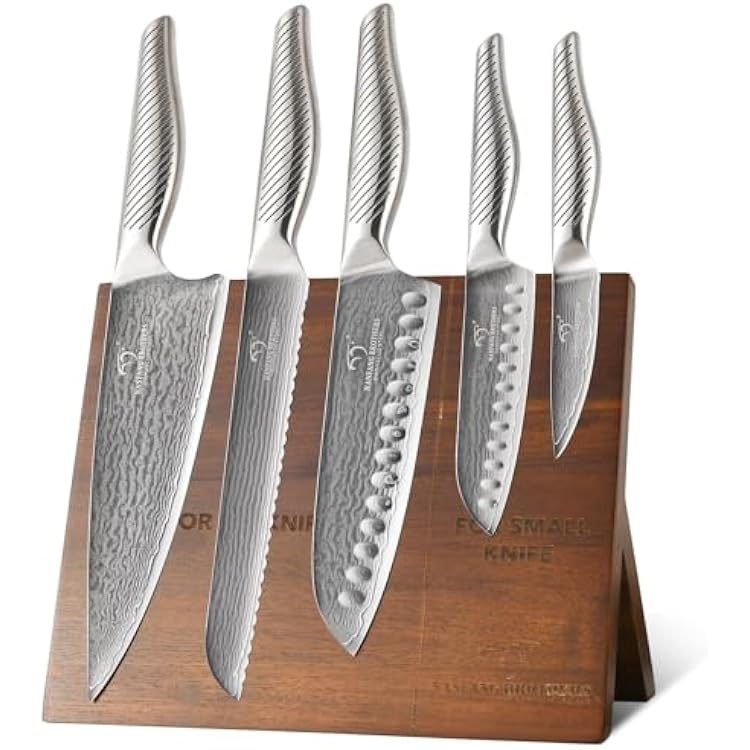 NANFANG BROTHERS Kitchen Knife Set with Magnetic Knife Holder, 6-Piece Damascus Steel Knives & Acacia Wood magnetic Block - Includes Chef, santoku, Bread, Small Santoku, Fruit Knives