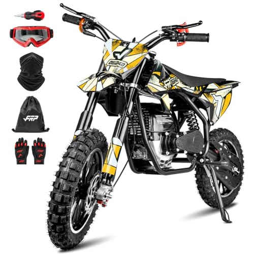 FRP FX40-Ogemaw Kids Dirt Bike, 40CC 4-Stroke Gas Powered Mini Dirt Bike with GogglesNeck GaiterGloves, 20 MPH Max Speed, Dual Disc Brakes, 132 LBS Capacity - Yellow