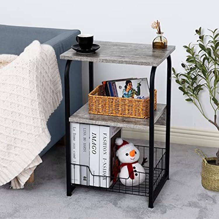 3 Tier End Table, Side Table with Storage, Shelf, Retro Stone Grey Nightstand with Metal Frame for Small Spaces, Industrial Sofa Bedside Table for Living Room Bedroom Kitchen, Gray End Table