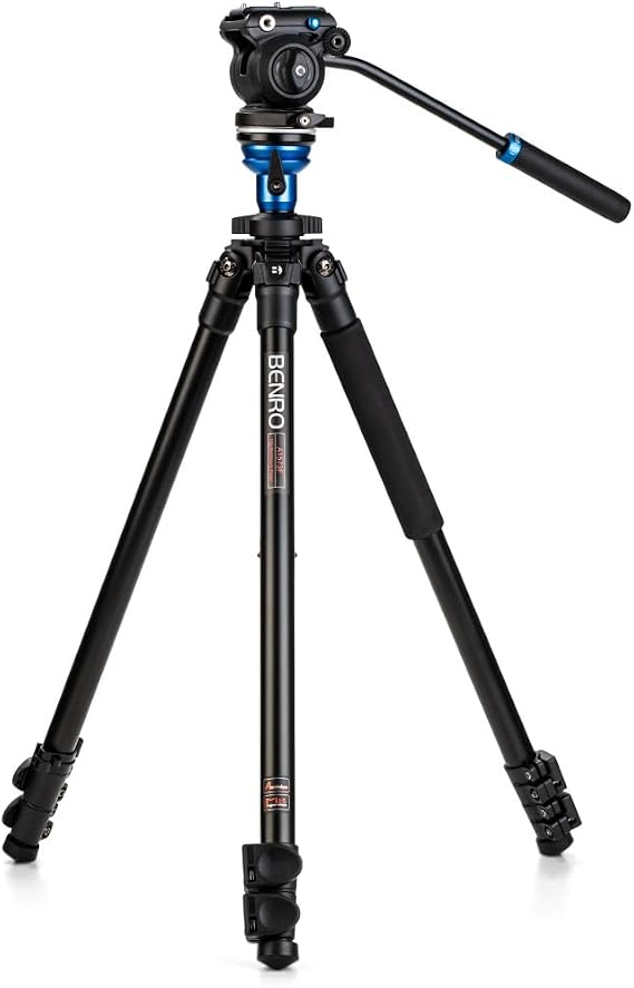Benro Video Tripod with S2 PRO Flat Base Fluid Video Head, 5.5 lb Max, Leveling Center Column, Aluminum Legs, Flip Lock, Carrying Case (A1573FS2PRO)