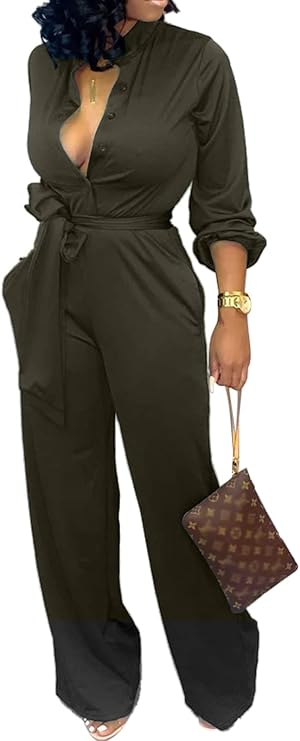 SxClub Formal Jumpsuits for Women Dressy Long Straight Pants with Pockets | Women's One Piece Jumpsuit Casual Collared V Neck Long Sleeve Outfits with Buttons Belt