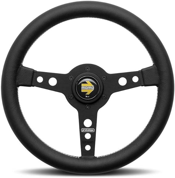 MOMO Motorsport Prototipo Street Steering Wheel,Black Leather Grip,Brushed Black Anodized Spoke,White Stitch,370mm - PRO37BK2B