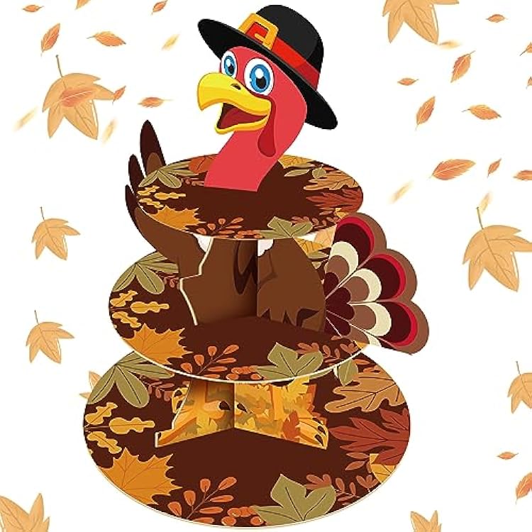 Uiifan Thanksgiving Day Cupcake Stand 3 Tiers Turkey Maple Leaf Cardboard Cake Dessert Holder Tower Cookie Trays for Fall Autumn Thanksgiving Decorations Party Supplies