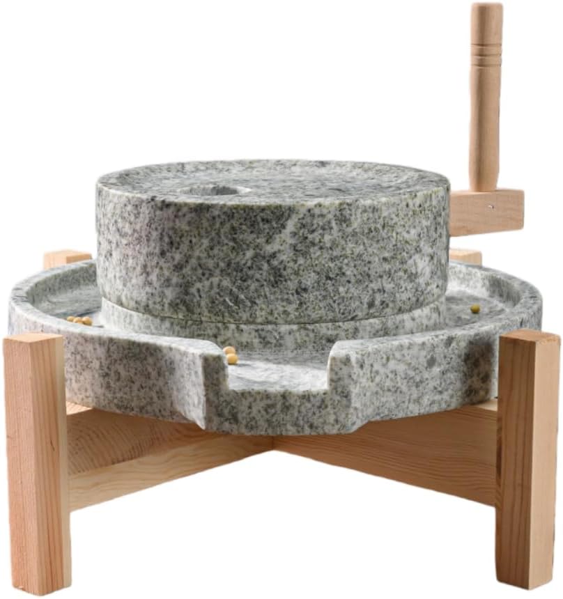 Damika Stone Mortar, Household Grinding Grain Powder, Natural Stone Mill Disc, Grinder, Barley Tea Buckwheat Rice, Manual Tabletop Rotating Stone Mortar, With Wooden Stand, Non-Electric Stone Mell