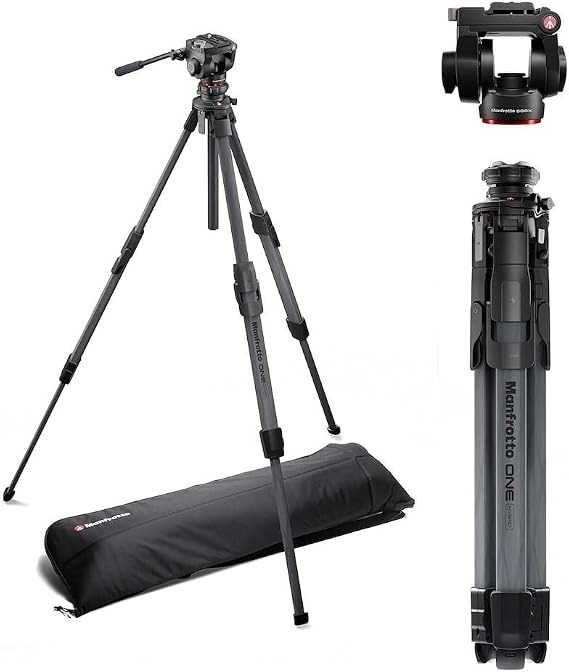 Manfrotto 500X Fluid Video Head with ONE Hybrid Carbon Fibre Tripod, Photo & Video Tripod Kit, 11lbs Load, Levelling Column, 90 Horizontal Column,