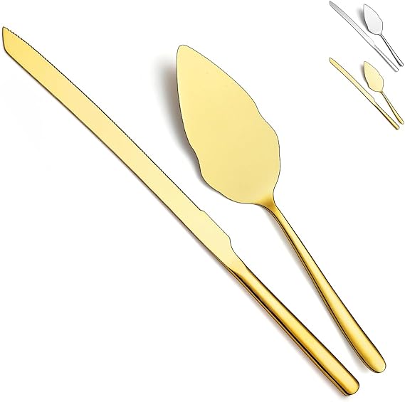 Gold Wedding Cake Knife and Server Set, Stainless Steel Cake Cutting Set, Include Cake Cutter and Cake Server for Parties, Activities, Family, Dishwasher Safe (Shiny Gold)