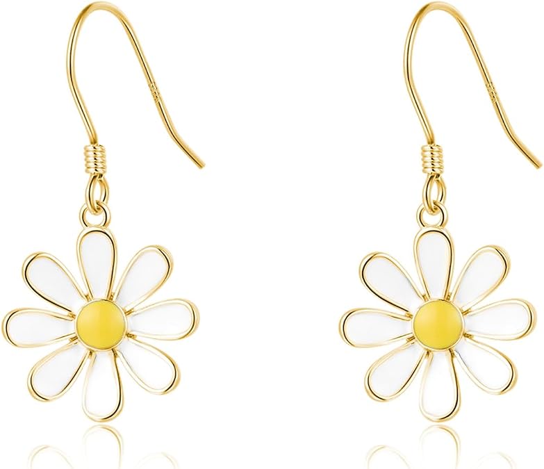 SLUYNZ 925 Sterling Silver White Flower Dangle Earrings for Women Teen Girls Daisy Flower Drop Earrings Summer Spring
