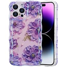 EYZUTAK Case for iPhone 15 Pro, Colorful Retro Oil Painting Printed Flower Laser Glossy Pattern Cute Curly Waves Border Exquisite Phone Cover Stylish Durable TPU Protective Case for Girls Women-Purple