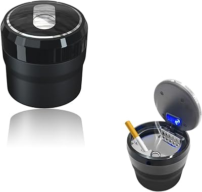 Car Ashtray, Portable Smokeless Cylinder Cup Holder Ash Tray, Smokeless Auto Ash Tray with Lid & LED Blue Light for Most Vehicles, Universal Interior Car Accessories Black, Small