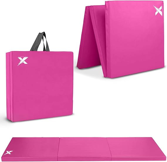 Xn8 Sports Tri-Fold Gymnastics Acro Tumble Mat –6cm Thick & 6Ft Long Foldable Gymnastic Exercise Crash Mats for Kids & Adults Non-Slip PU Leather Folding Gym Mat with Carrying Handles for Yoga Pilates