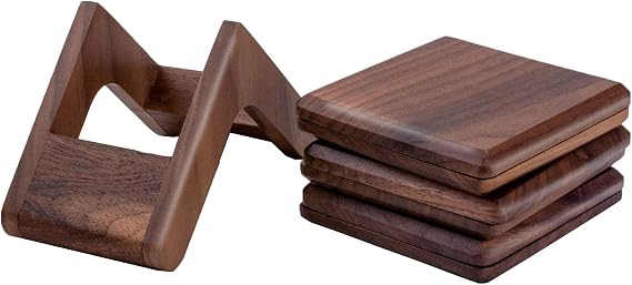 Set of 6 Black Walnut Wood Coasters with Holder - Premium Real Wood Drink Mats for Home, Bar, and Restaurant - Stylish Protection for Your Surfaces