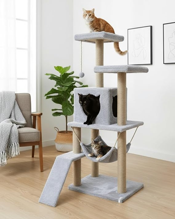 Reyo Pet Cat Scratching Tower Playhouse Gray with Platform