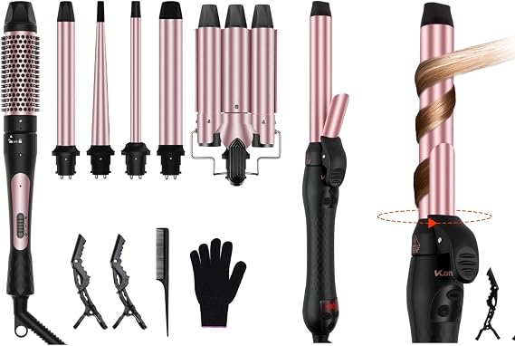 6 in 1 Curling Iron, 3 Barrel Hair Crimper Curling Brush (1.5inch) and 5 Interchangeable Ceramic Curling Wand(0.35"-1.25"), Rotating Curling Iron 1 Inch