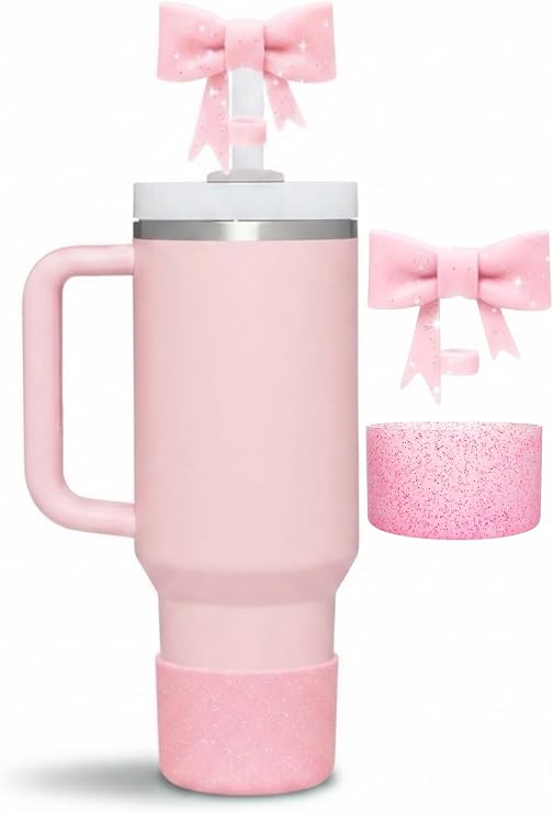 Pembe Simli Silikon Termos Taban Koruyucu ve Fiyonk Pipet Tıpası Seti