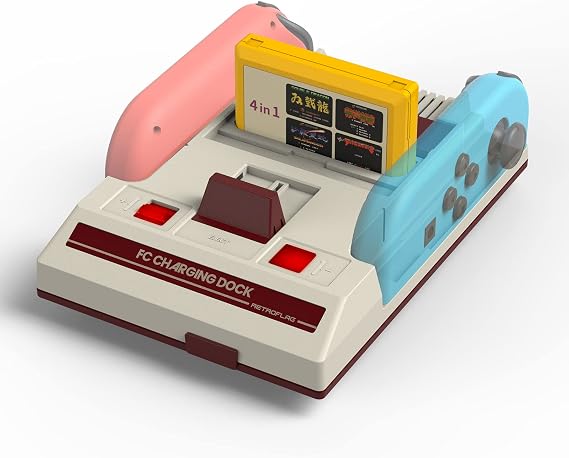 Retroflag FC Joy-Con şarj istasyonu, aşırı şarj korumalı şalter için, tam işlevli LED şarj göstergesi, klasik Famicom tarzı tasarım, kaset oyun kartı depolama