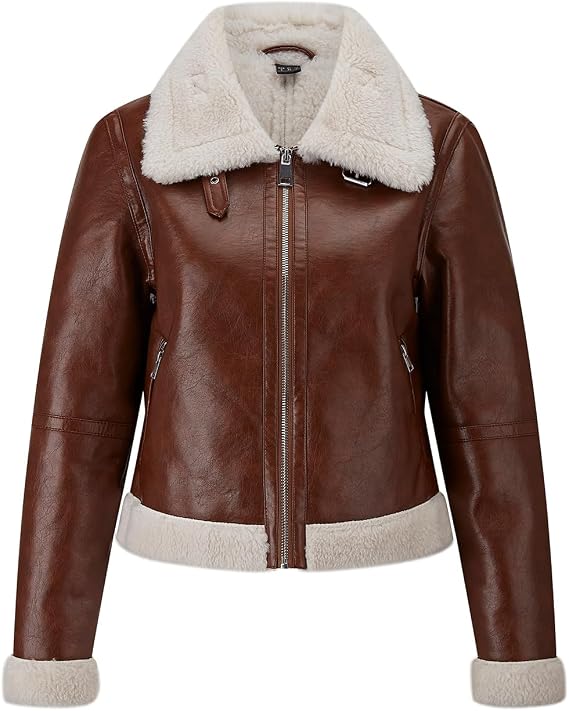 Women Faux Fur Leather Jacket Shearing Cropped Lined Moto Biker Coat