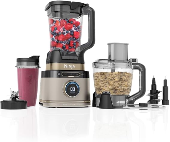 Ninja 3-in-1 Detect Power Blender Processor Pro, Powerful 1200W Blender, Food Processor Bowl, Dough Knife, 3x Single Serving Cups, Jug, Make Pizza Dough, Blend, Chop & Mix, Stone Golden, TB401EUSTGD