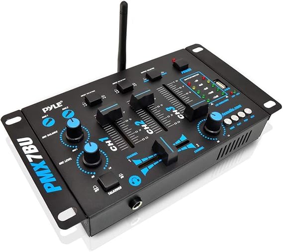 Pyle Wireless DJ Audio Mixer - 3 Channel Bluetooth Compatible DJ Controller Sound Mixer, Mic-Talkover, USB Reader, Dual RCA Phono/Line In, Microphone Input, Headphone Jack, Black - PMX7BU