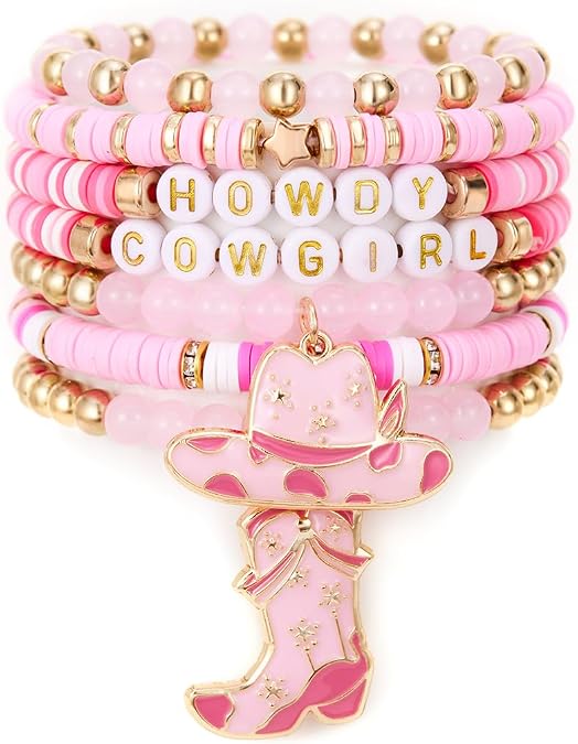 Seraphina 7 Pack Cowgirl Stretch Bracelets Set for Women Girls Handmade Bohemian Stackable Bracelet with Cowgirl Boot Hat Charm Accessories Jewelry Gift