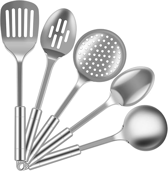 5Pcs Kitchen Cooking Utensils Set, Heat Resistant Stainless Steel Spoons Spatula Set with Hanging Hole, Non-Stick Cooking Tools, Kitchen Tools Gadgets Set Dishwasher Safe for Cooking