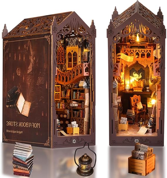 DIY Book Nook Kit, Miniature Dollhouse Booknook Kit, Creativity 3D Wooden Puzzle Bookend Bookshelf Decor with Light for Adults, Magic Bookstore