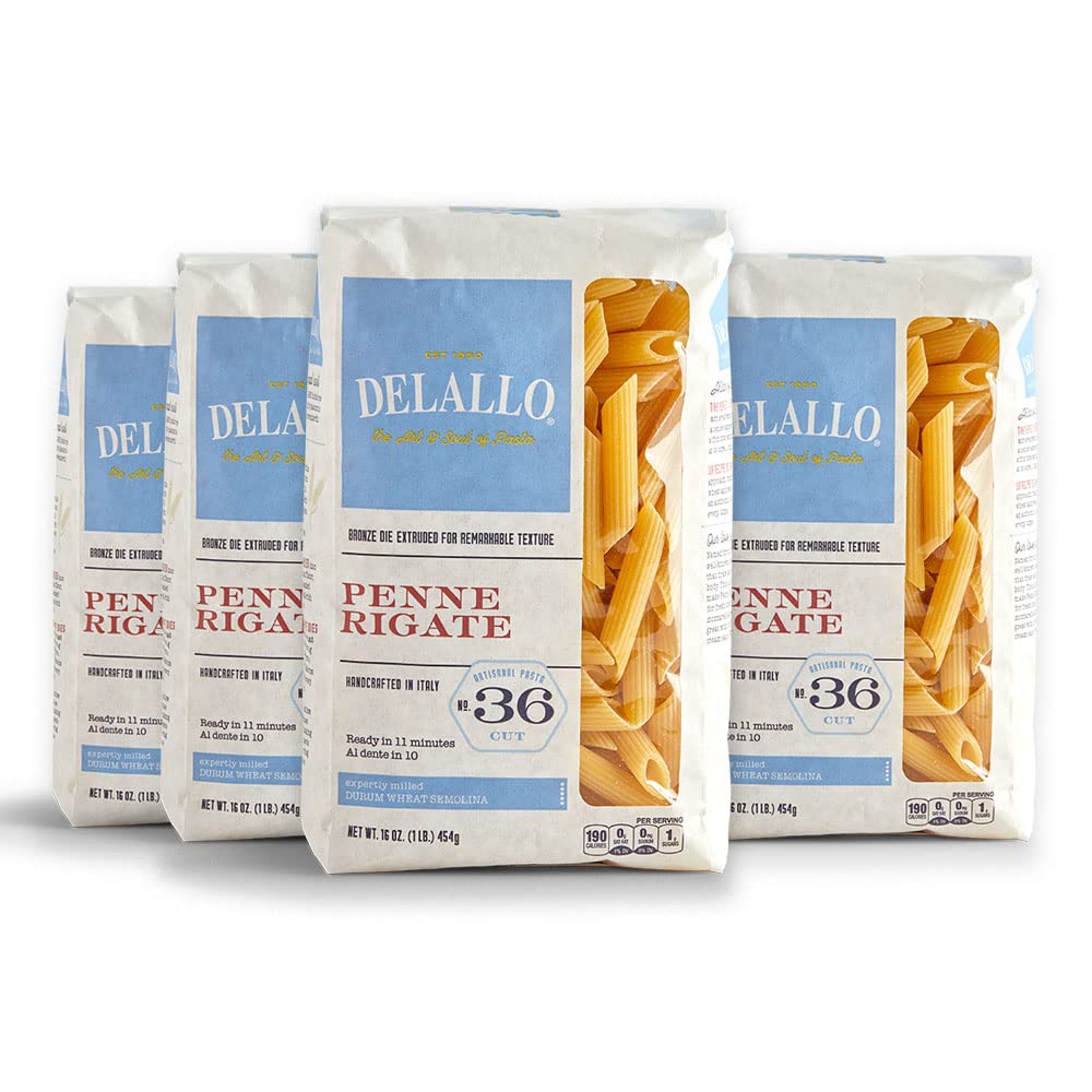 DeLallo Penne Rigate Pasta, 1 Pound Bag, 4 Pack, Made in Italy, Cooks in 11 Minutes, Made with Durum Wheat Semolina Flour, Non-GMO