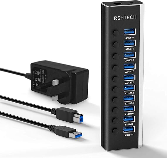Powered USB 3.0 Hub RSHTECH Alüminyum 10 Portlu USB 3.0 Veri Hub, 12V/3A (36W) Güç Adaptörü ve Bireysel Açma/Kapama Anahtarları ve LED'li (RSH-A10)
