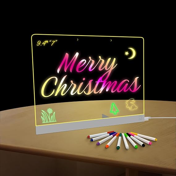 LED Note Board with 7 Colors - 9.4"x7" Light Up Acrylic Drawing Board, Chrsitmas Birthday Halloween Gifts, Includes Adapter and 10 Markers