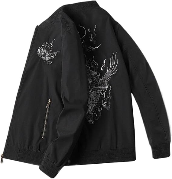 Men's Embroidered Baseball Jacket, Chinese Style Stand Collar Coat Casual Vintage Spring Fall Outerwear