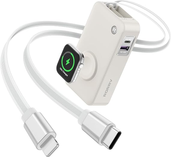 RORRY Portable Charger, 10000mAh 30W Power Bank with Retractable Cables