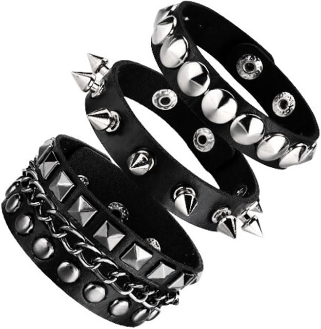 3 Pcs Punk Rock Studded Bracelet Set Spiked Leather Cuff Bracelet for Men Women 80s Wristband Emo Bracelet Adjustable