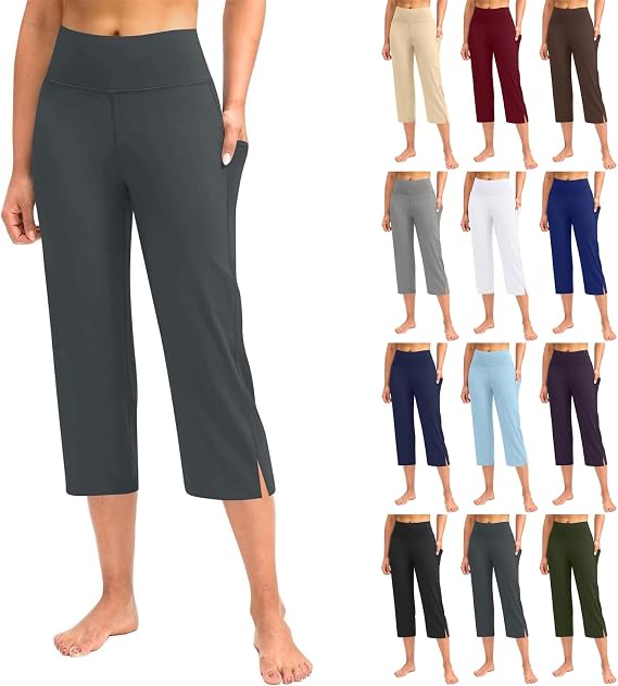 Capri Yoga Pants for Women Summer Casual High Waisted Tummy Control Wide Leg Leggings Workout Crop Pants with Pockets