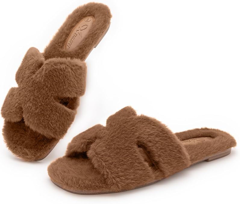 Athlefit Fuzzy Slippers for Women Open Toe Indoor House Slippers for Women